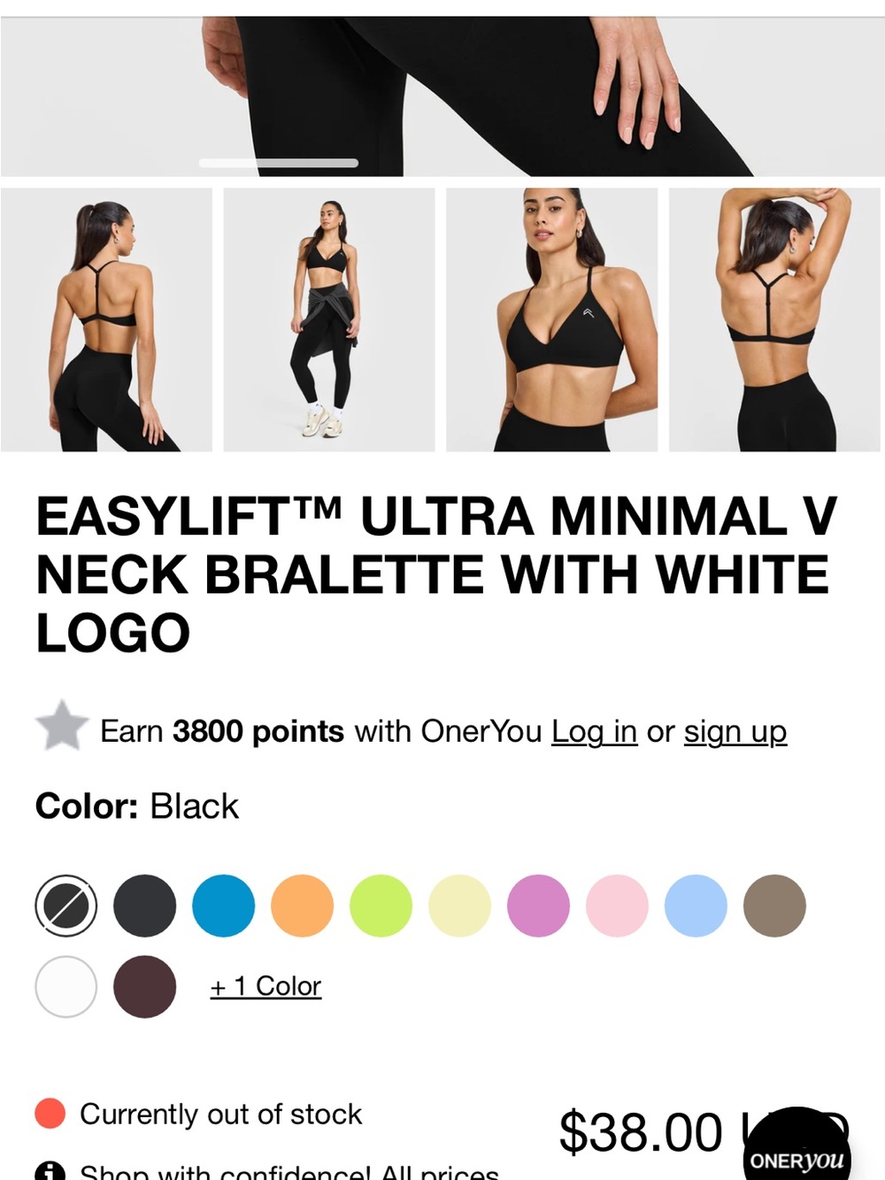Oner Active Easylift Ultra Minimal V-Neck Bralette Sports Bra Black size Large - Picture 4 of 6